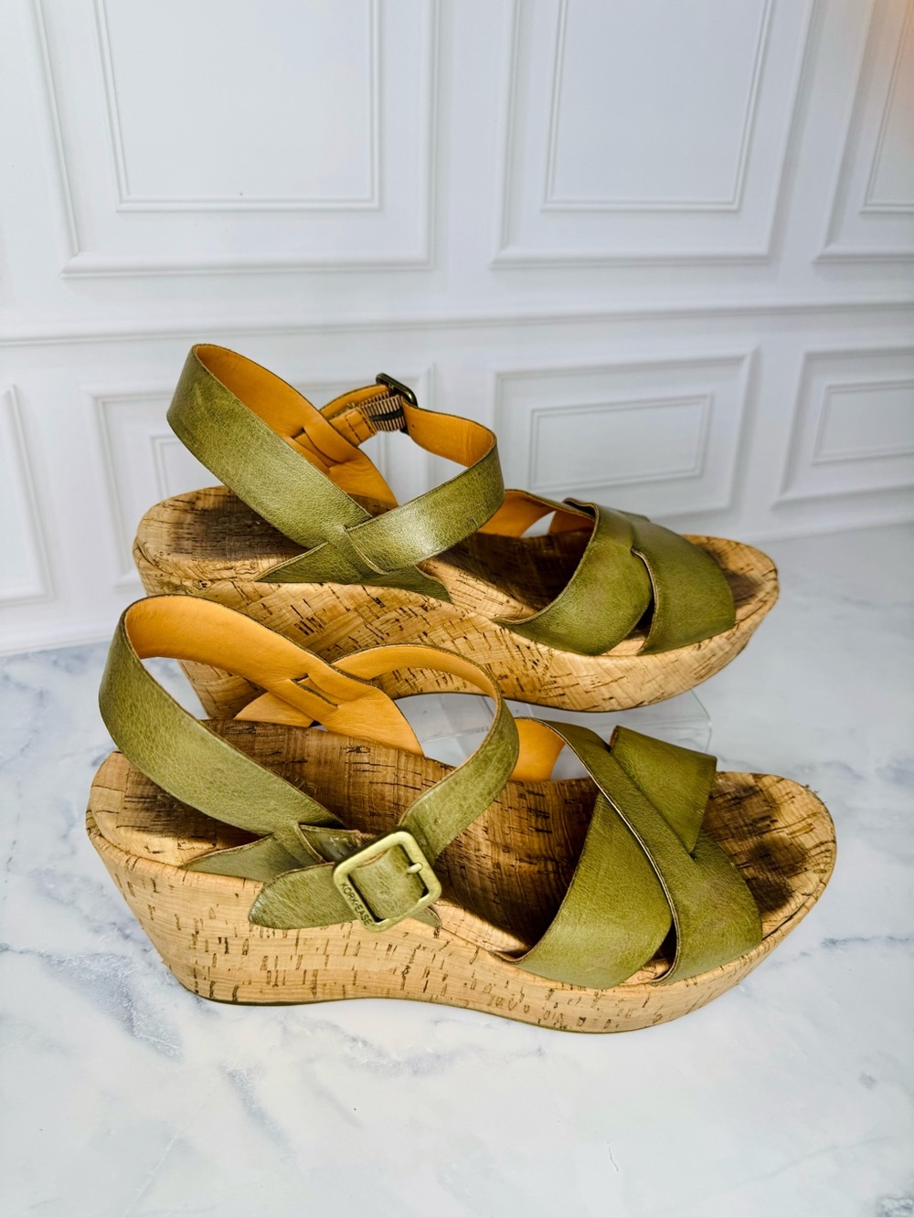 Kork-Ease Myrna Olive Green Leather Cork Wedge Sandals 10M - Picture 6 of 14